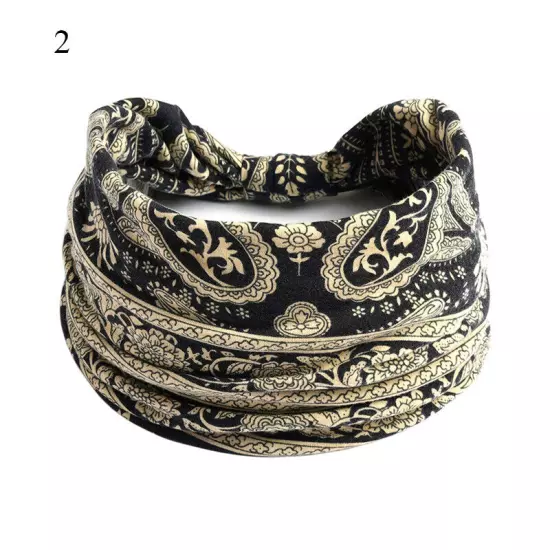 Women Boho Flower Print Wide Headband Vintage Knot Elastic Turban Headwrap *