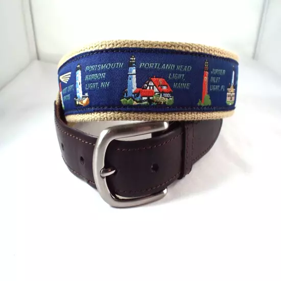 EUC The Belted Cow Co. East Coast Lighthouse Leather/Cotton 1 3/8" Belt Sz 36