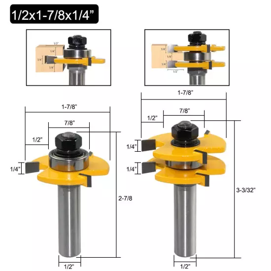 3PCS 1/2in(12.7mm) or 12mm Shank Joint Router Bits Set Tongue & Groove