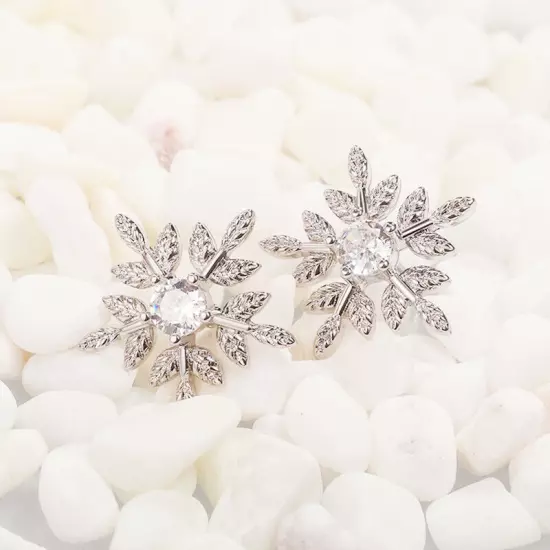 Women 925 Silver Filled Snowflake Stud Earring Cubic Zircon Wedding Jewelry