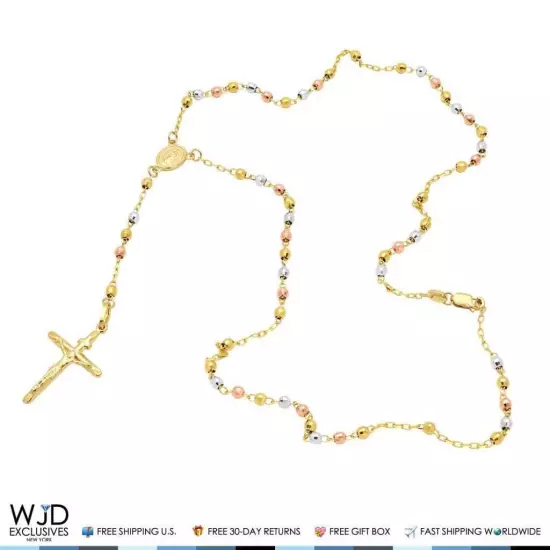 Solid 14k Yellow Gold Tri-Tone 3mm Beaded Rosary Cross Diamond Cut Necklace 18"