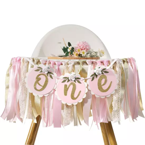 Pink Golden Floral High Chair Banner - Rose 1st Birthday Highchair Banner Gir...