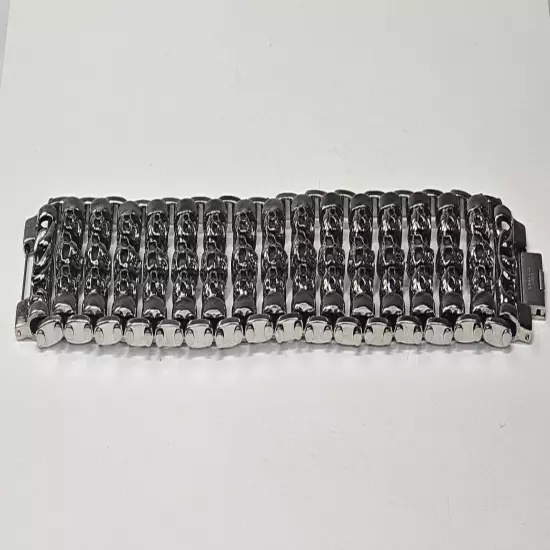 Men Silver Stainless Steel Bracelet Skull Chain Link Biker Goth 8.5"L x 1.25"W