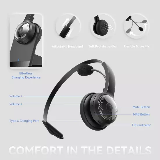 Wireless Headset for Computer, Bluetooth Headset with Noise Cancelling Microphon