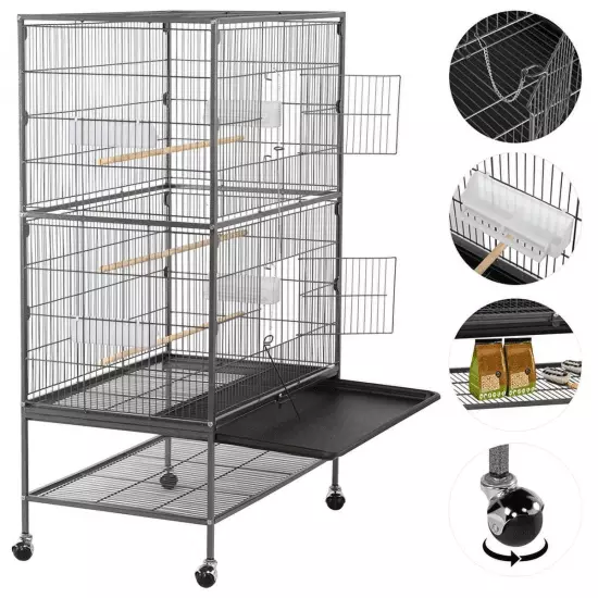 Metal 52" Large Rolling Bird Cage with 3 Perches and 4 Feeders, Black