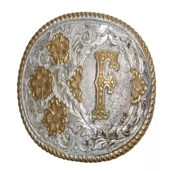 1A Crumrine Womens "F" Floral Oval Belt Buckle Western Silver Plate on Bronze