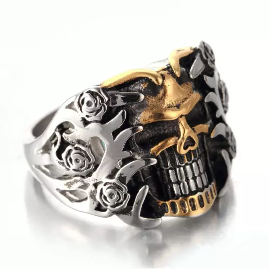 Mens Stainless Steel Gothic Rings Steam Punk Biker Flower Skeletons Gold Jewelry