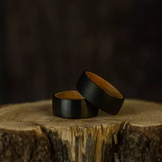 Whiskey Barrel Ring Tungsten Black Plain Wood Inside Wedding Band Ring for Men