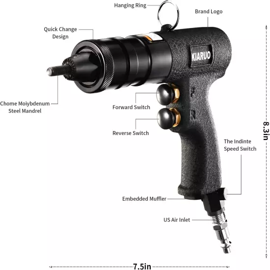 Pneumatic Rivet Nut Gun 8-32,10-24,1/4-20 with Replacement Mandrels, RPM...