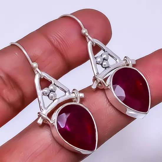 Ruby - Dyed Quartz Designer (Simulated) 925 Sterling Silver Earring 1.64" E92880