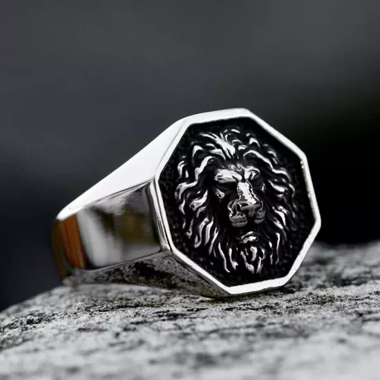 Powerful Royal Lion Hexagon Signet Ring Stainless Steel Biker Jewelry Punk Ring