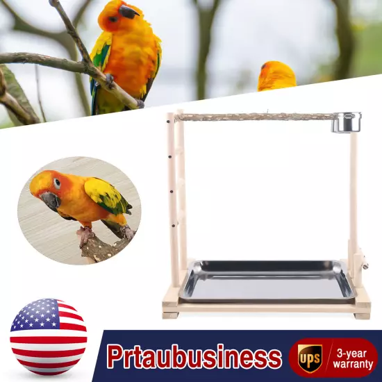 Wooden Bird Stand Rack Large Parrot Perch Playstand with Steel Tray + 2*Food Cup