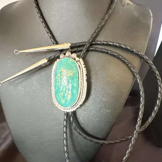 Navajo Bolo Tie Yazzie Sterling Silver Blue Green Turquoise 18007