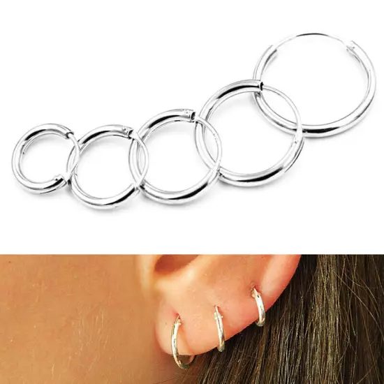 925 Sterling Silver Solid Classic Hoop Ring Earrings Lip Ear Nose Body Piercing