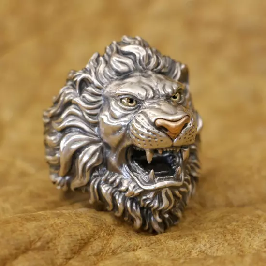 Brass Eyes Copper Nose 925 Sterling Silver King of Lion Ring TA432A US 12