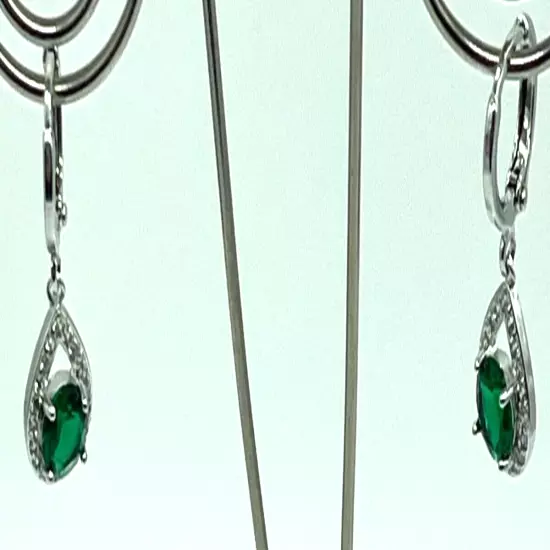 Earrings. Silver Tone Emeral Green Crystal w Clear Crystal Opal Shape Frame.