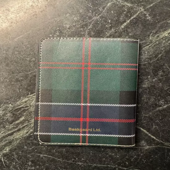 Baekgaard Genuine Leather Passport Cover Holder Green Blue Plaid Gold Letters