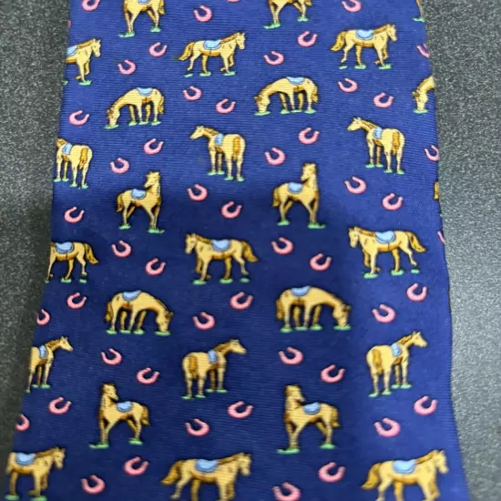 Bird Dog Bay Men's Tie, Made in the USA Blue With Horse Print, 100% Silk