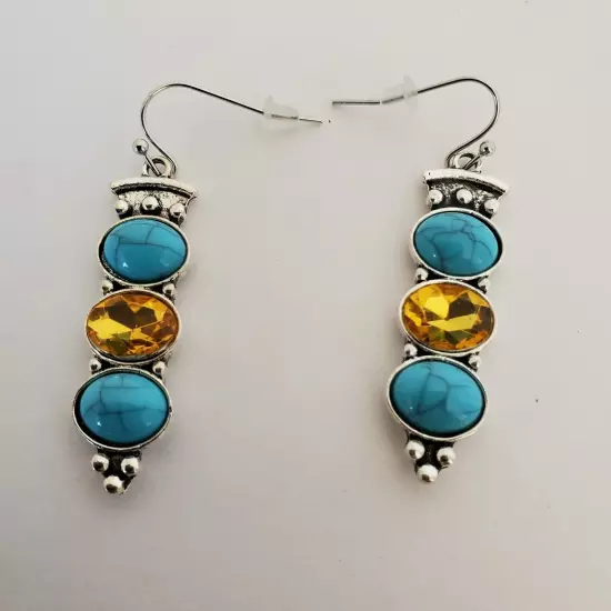 Tribal Boho Dangle Earrings Silver Tone Blue Orange Fashion Jewelry Art Deco