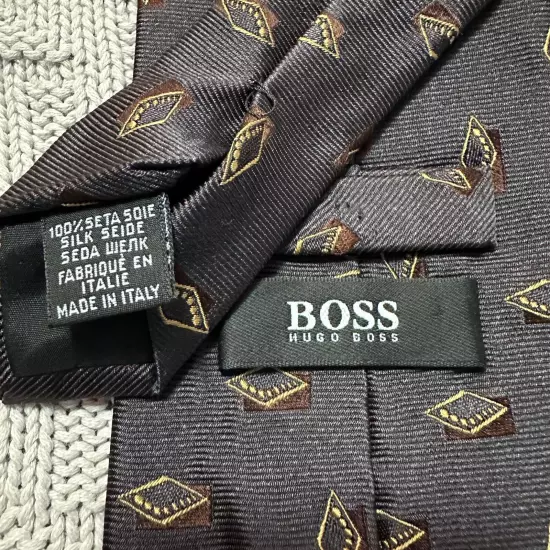 Hugo Boss brown geometric diamond Italian silk tie