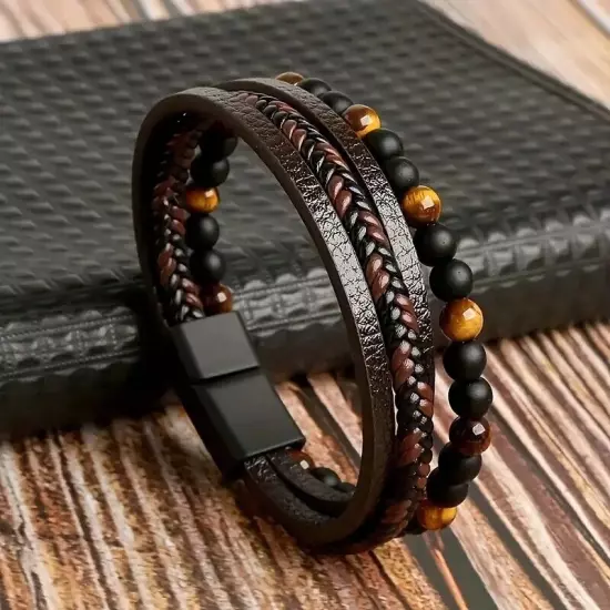 Mens PU Leather Bracelet with Tiger Eye