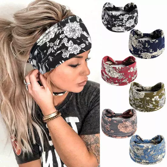 Women Boho Flower Print Wide Headband Vintage Knot Elastic Turban Headwrap *