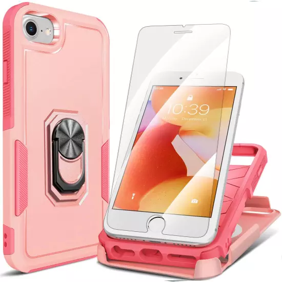 For iPhone SE 8 7 Plus 6s Case Phone Cover Shockproof Ring Stand+ Tempered Glass