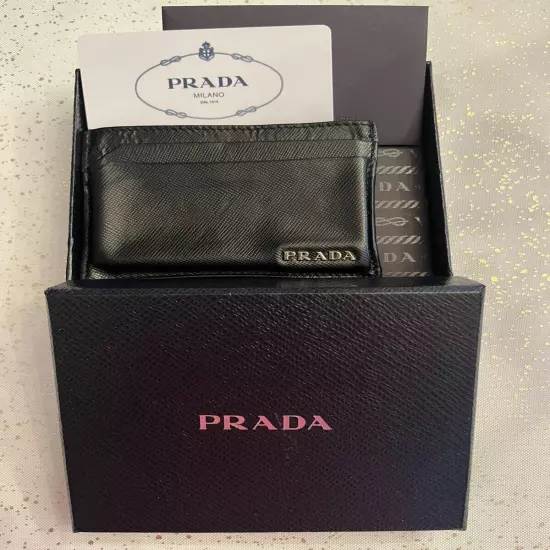 PRADA MENS CARD CASH HOLDER WALLET BLACK SAFFIANO LEATHER W BOX & COA