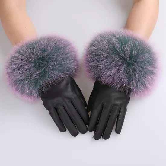 Women Genuine Lambskin Leather Gloves With Real Fox Fur Trim Cuff Winter Warm