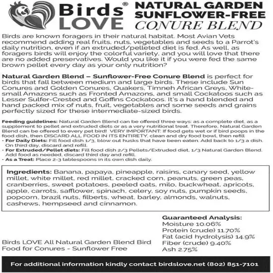 All Natural Garden Blend Bird Food for Conures - Sunflower Free 2lb