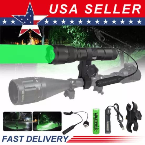 Tactical LED Flashlight Green Hunting Light Torch Rifle Airsoft Mount + Battery