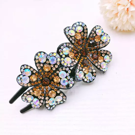 Ladies Rhinestone Double Flower Hair Clip Barrettes Crystal Comb Large Catch 1x-