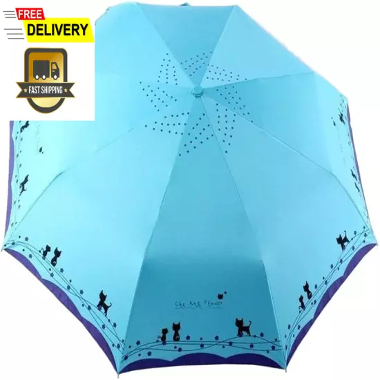 Windproof Compact Travel Folding Cute Cat Umbrella,Auto Open Close Rain&Sun USA.