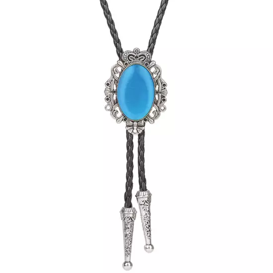 Vintage Men Bolo Tie Western Cowboy Crown Agate Turquoise Alloy Necklace PU Rope