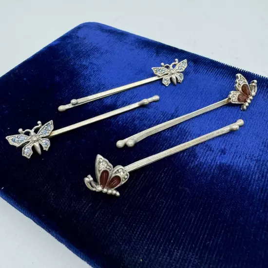 Vintage Sterling Silver & Enamel Butterfly Bobby Pins (Set of 4)