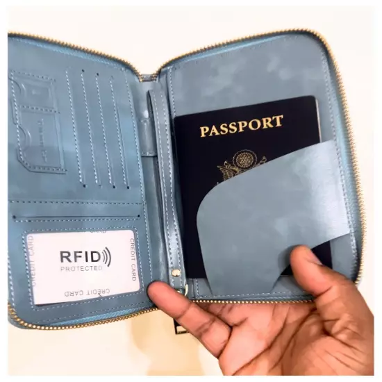 Passport Boarding Pass Credit Card Travel Wallet for Men and Women (Light Blue)