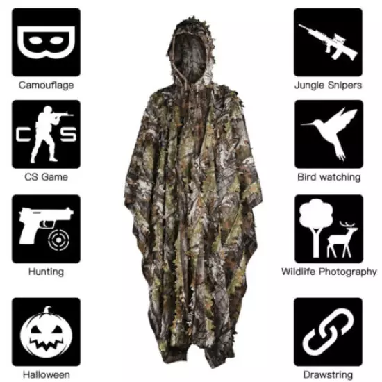 3D Bionic Camo Poncho Ghillie Suit Sniper Birdwatch Clothing Cloak For Hunting