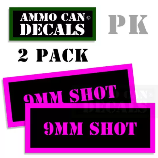 9MM SHOT Ammo Can Labels Ammunition Decals Stickers 2 pack PINK BLACK 3"