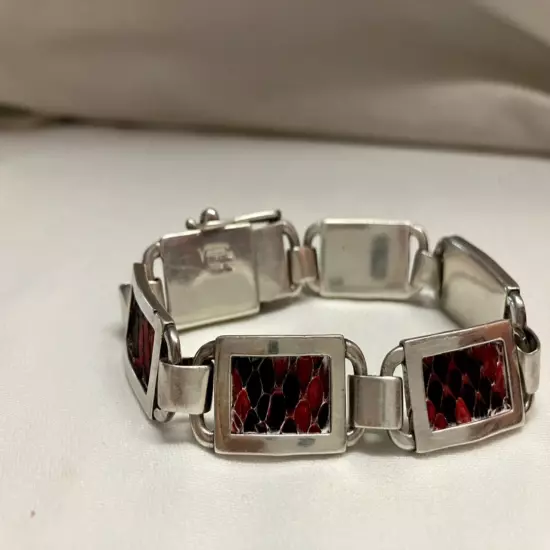 Vintage Versani Sterling Silver Link Men’s Bracelet With Red Snake Skin Inlay