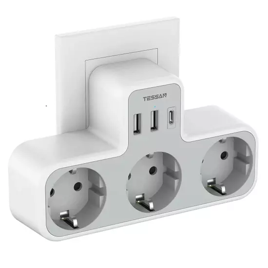 USB Plug Adapter, 6 in 1 Sockets Tee with 3 Sockets, 2 USB-A & 1 Type C Port