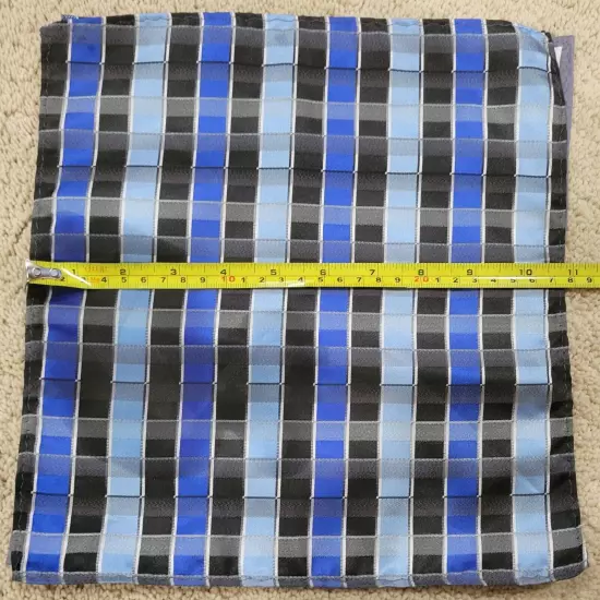 Men's blue black white plaid hand rolled 11 inch Pocket Square