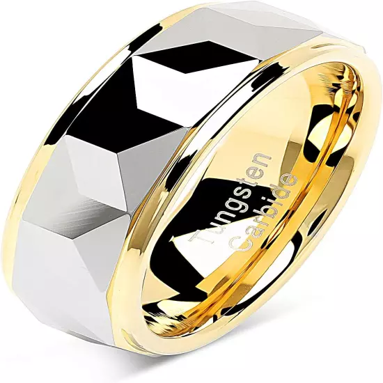 Engraved Multi-Faceted High Polish Gold Tungsten Rings for Men Women Wedding Ban