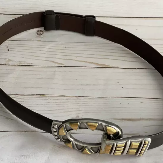 Chicos Belt Brown Leather Large Oval Silver Gold Buckle Tribal Aztec S/M