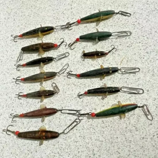 13 OLD FISHING LURES IN RUSTY TIN BOX