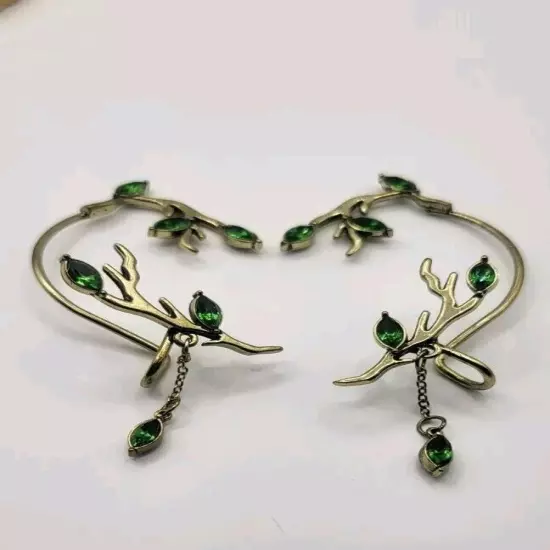 Ear Cuffs Gold Tone Green Stone Dangle Tree Plant Vine Design 