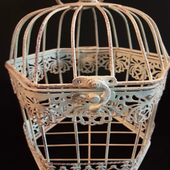 Vintage Look Metal Bird Cage Intricate Cut-Outs Bird On Top Opens At Top