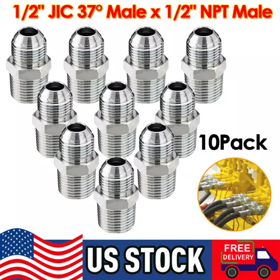 10 PACK Steel Hydraulic Hose Adapter Fittings: 1/2" JIC 37° Male x 1/2" NPT Male