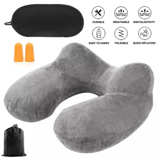 Inflatable Air Travel Pillow Airplane Office Nap Rest Neck Head Ear Plugs Mask