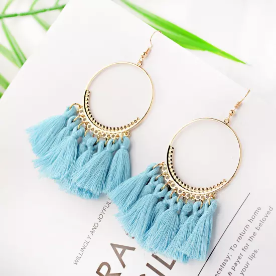 Fashion Women Bohemian Earrings Long Tassel Fringe Drop Dangle Ear Stud Jewelry