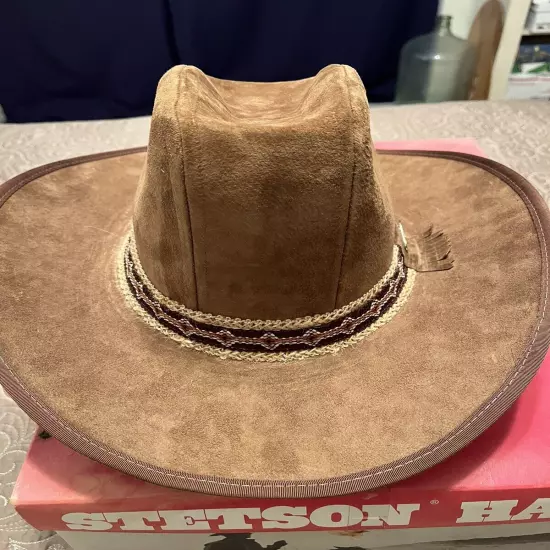 VTG Stetson Brushed Leather/ Beaver Western Hat Brown With Band